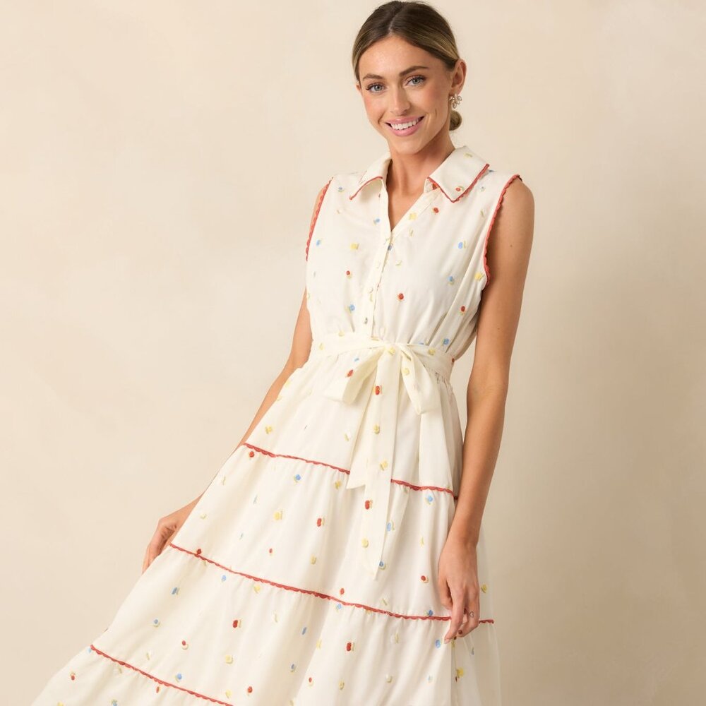 Red Dress Sunlit Soirée Ivory Floral Collared Maxi Dress Size SS / White